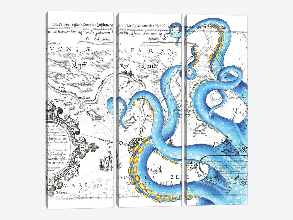 Tentacles Octopus Blue Watercolor Nautical Map by Seven Sirens Studios 3-piece Canvas Artwork