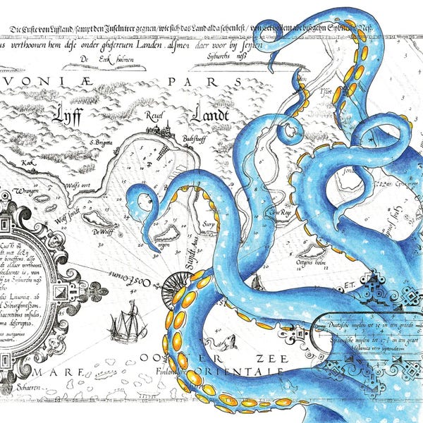 Tentacles Octopus Blue Watercolor Nautical Map