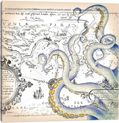 Tentacles Octopus Grunge Watercolor Nautical Map Canvas Art Print - Seven Sirens Studios