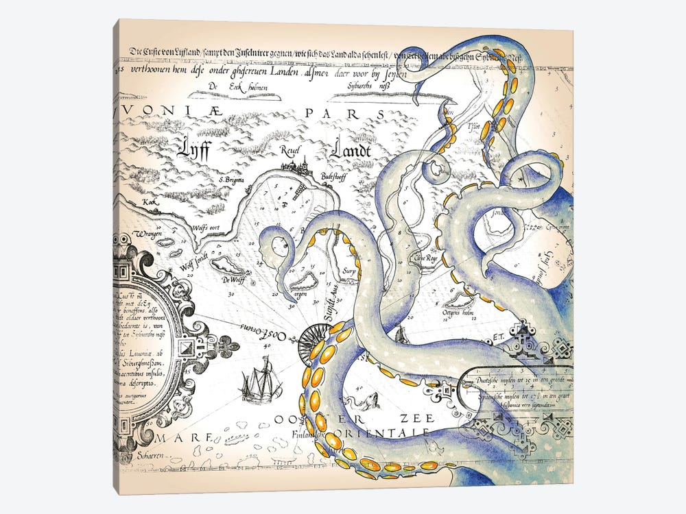 Tentacles Octopus Grunge Watercolor Nautical Map by Seven Sirens Studios 1-piece Art Print