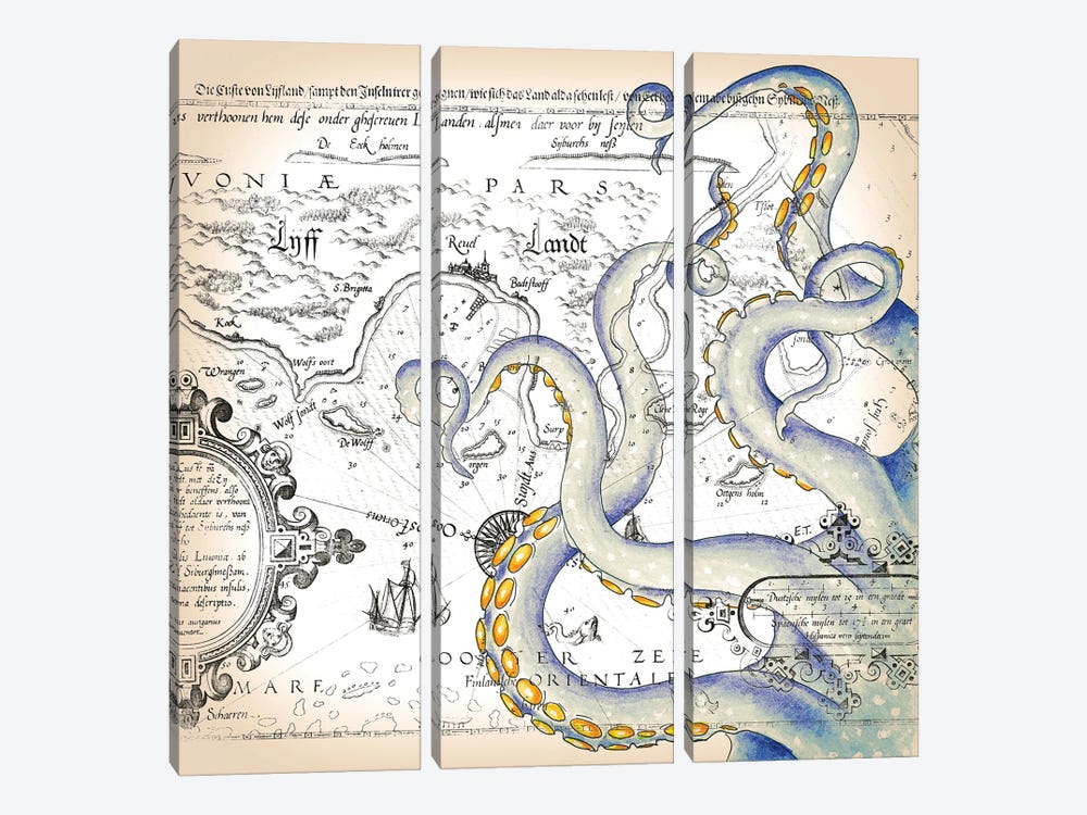 Tentacles Octopus Grunge Watercolor Nautical Map by Seven Sirens Studios 3-piece Canvas Print