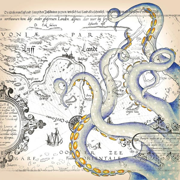 Cottagecore Goes Coastal: Tentacles Octopus Grunge Watercolor Nautical Map by Seven Sirens Studios
