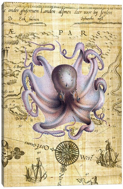Vintage Octopus Papyrus Nautical Canvas Art Print - Vintage Maps