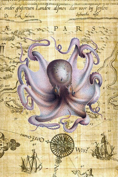Cottagecore Goes Coastal: Vintage Octopus Papyrus Nautical by Seven Sirens Studios