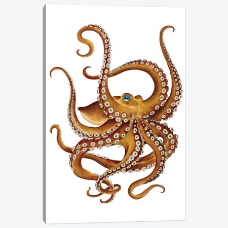 Brown Octopus Blue Eye Watercolor Canvas Print #SSI13} by Seven Sirens Studios Canvas Wall Art