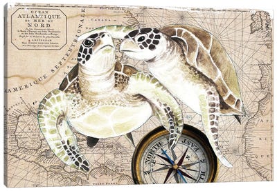 Sea Turtles Love Vintage Map Compass Canvas Art Print - Nautical Décor