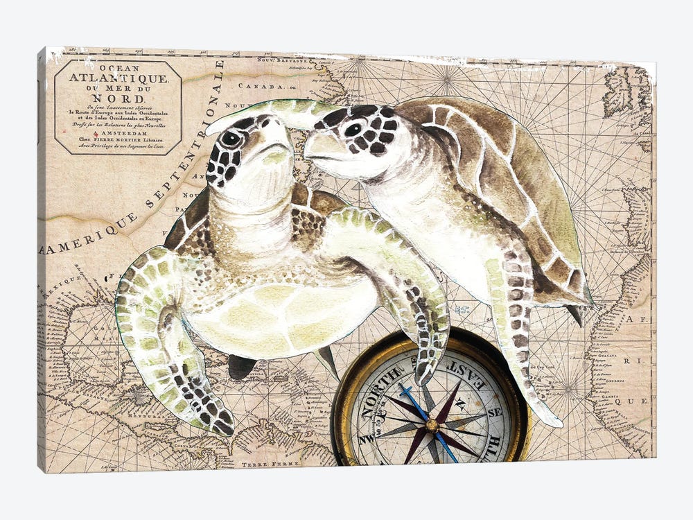 Sea Turtles Love Vintage Map Compass by Seven Sirens Studios 1-piece Canvas Print