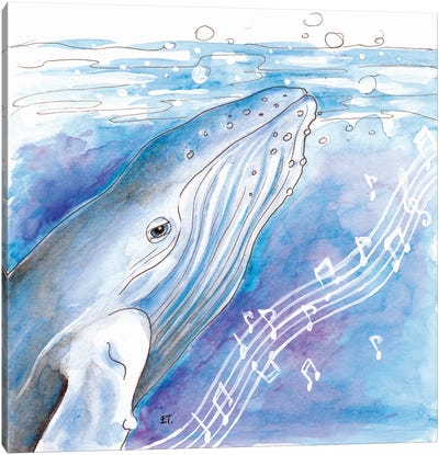 Blue Whale Song Watercolor Art Canvas Art Print - Musical Notes Art