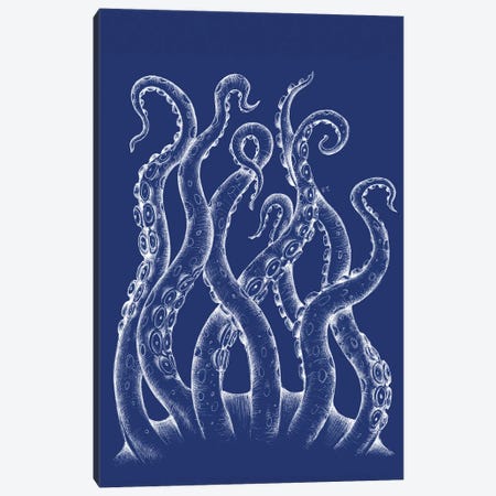 White Tentacles Octopus Blue Ink Canvas Print #SSI143} by Seven Sirens Studios Art Print