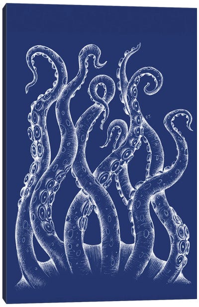 White Tentacles Octopus Blue Ink Canvas Art Print - Seven Sirens Studios