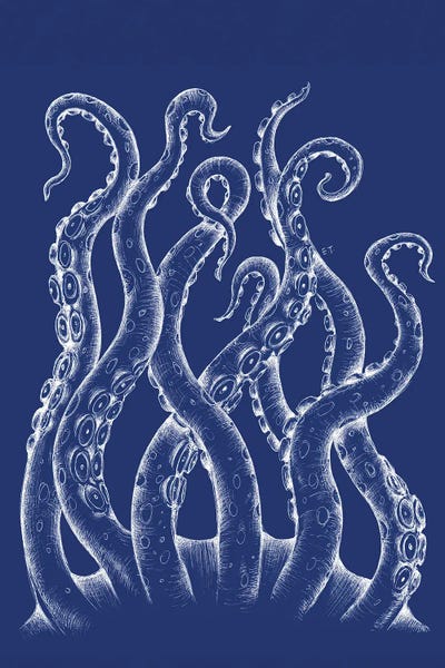 White Tentacles Octopus Blue Ink