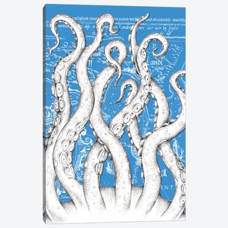 White Tentacles Octopus Blue Vintage Map Canvas Print #SSI144} by Seven Sirens Studios Canvas Wall Art