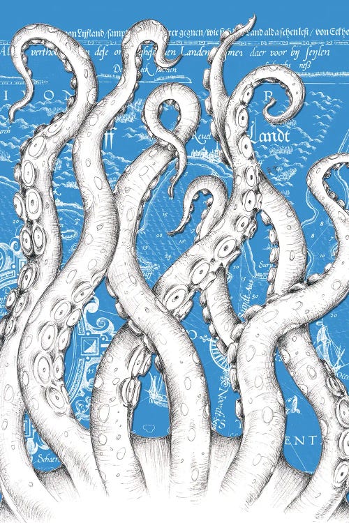 White Tentacles Octopus Blue Vintage Map