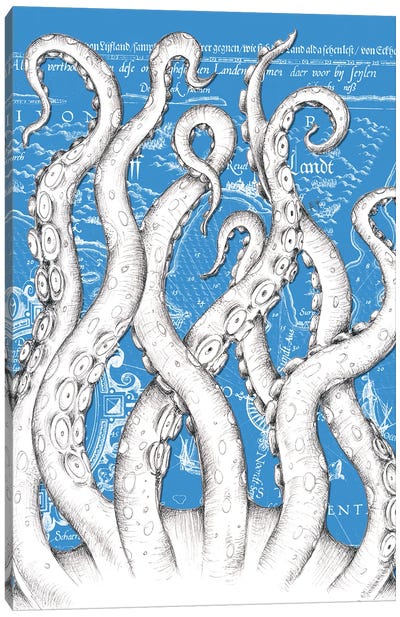 White Tentacles Octopus Blue Vintage Map Canvas Art Print - Nautical Maps