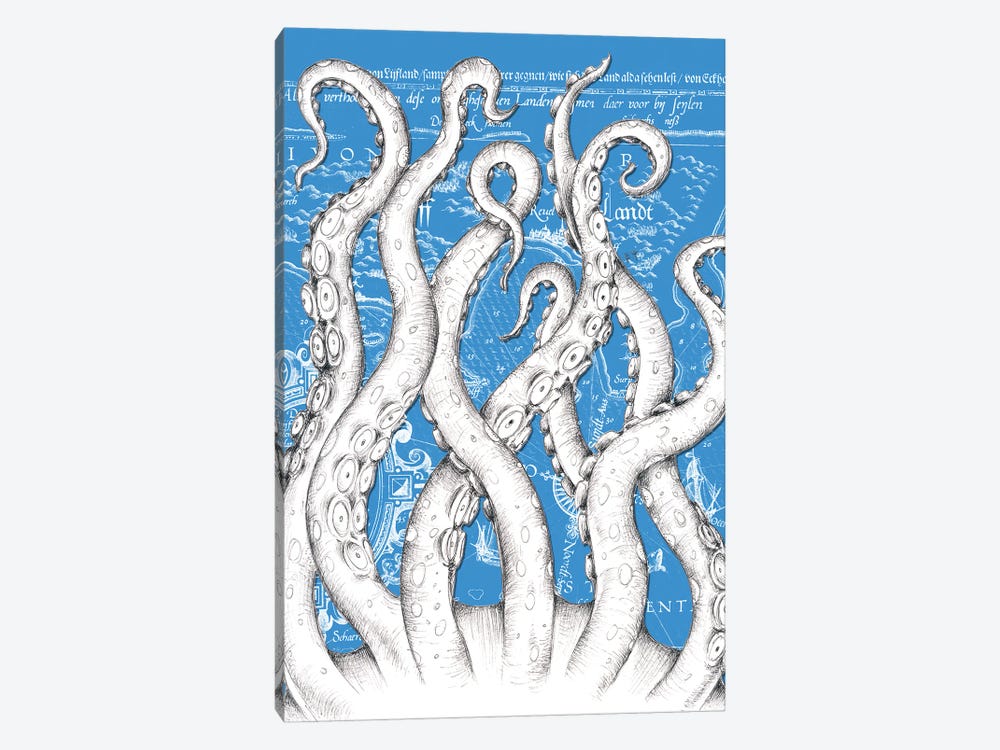 White Tentacles Octopus Blue Vintage Map by Seven Sirens Studios 1-piece Canvas Print
