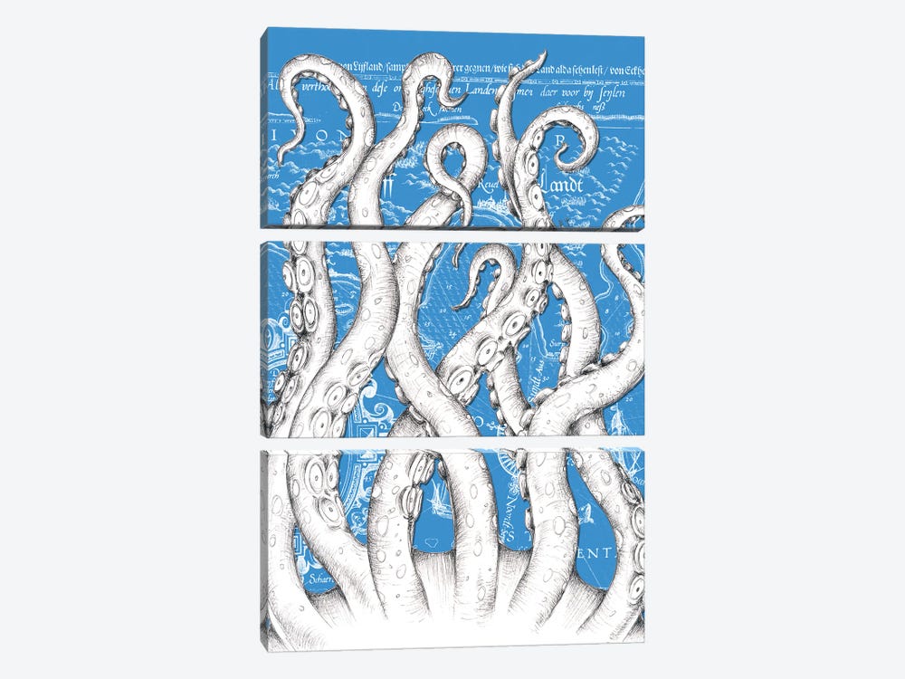 White Tentacles Octopus Blue Vintage Map by Seven Sirens Studios 3-piece Canvas Print
