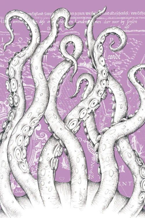 White Tentacles Octopus Purple Vintage Map