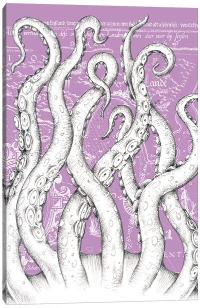 White Tentacles Octopus Purple Vintage Map Canvas Art Print - Vintage Maps