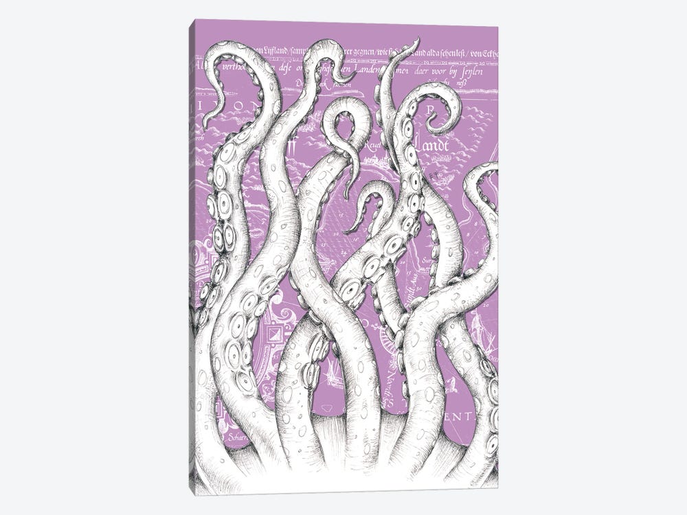 White Tentacles Octopus Purple Vintage Map by Seven Sirens Studios 1-piece Canvas Art