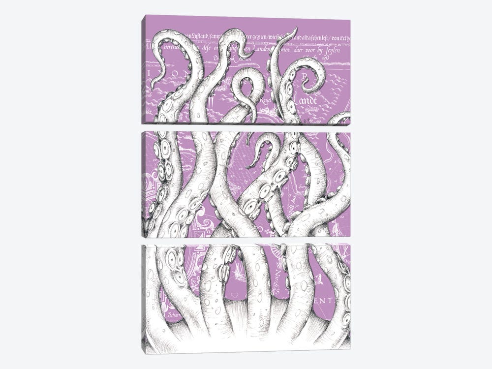 White Tentacles Octopus Purple Vintage Map by Seven Sirens Studios 3-piece Canvas Art