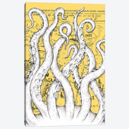 White Tentacles Octopus Yellow Vintage Map Canvas Print #SSI146} by Seven Sirens Studios Canvas Wall Art