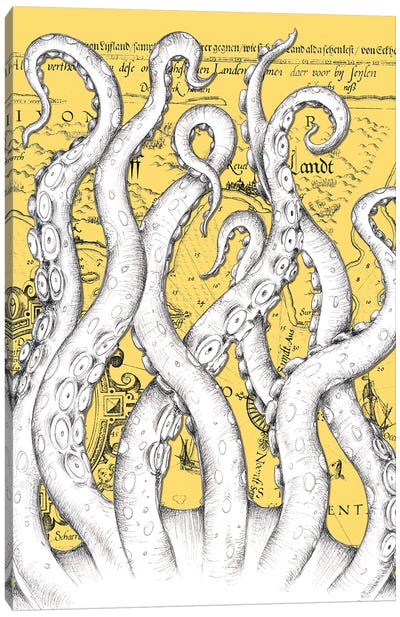 White Tentacles Octopus Yellow Vintage Map Canvas Art Print - Seven Sirens Studios
