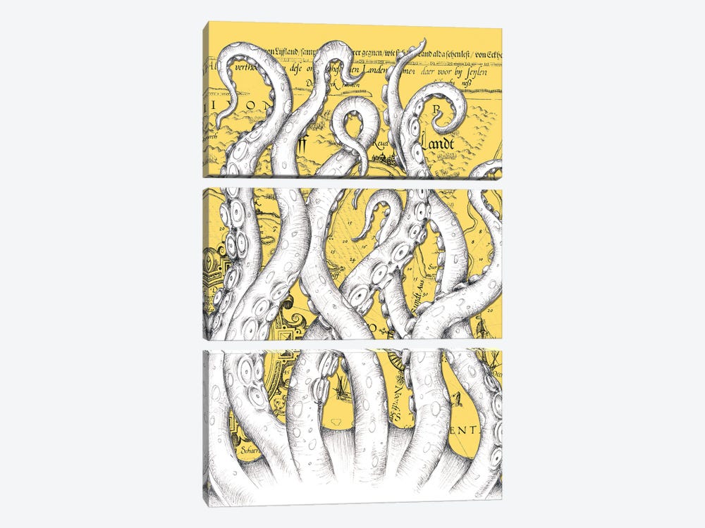 White Tentacles Octopus Yellow Vintage Map by Seven Sirens Studios 3-piece Canvas Art Print
