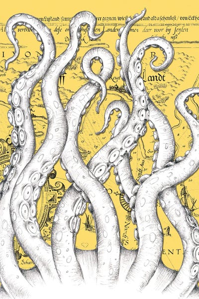 Seven Sirens Studios: White Tentacles Octopus Yellow Vintage Map by Seven Sirens Studios