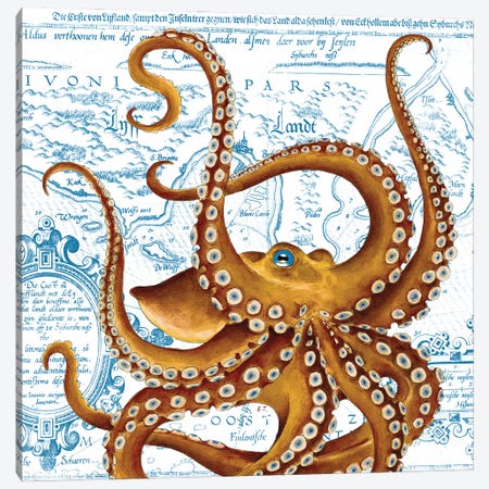 Brown Octopus Blue Eye Vintage Map Canvas Print #SSI14} by Seven Sirens Studios Art Print