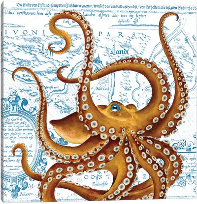 Brown Octopus Blue Eye Vintage Map Canvas Art Print - Nautical Maps