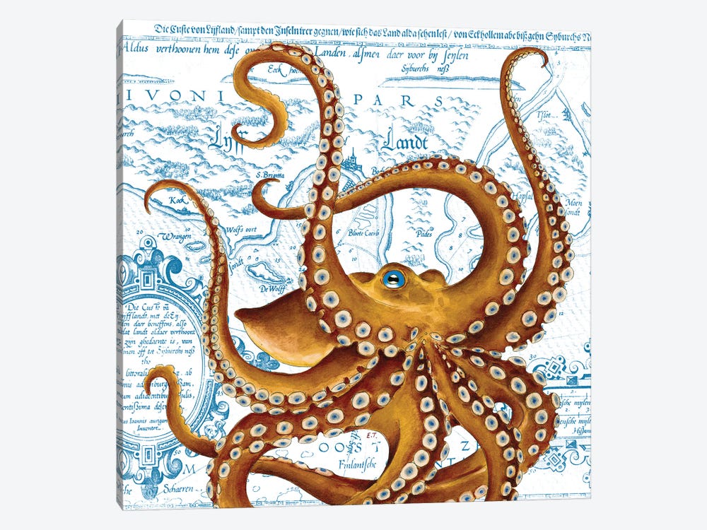 Brown Octopus Blue Eye Vintage Map by Seven Sirens Studios 1-piece Canvas Print