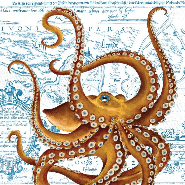 Seven Sirens Studios: Brown Octopus Blue Eye Vintage Map by Seven Sirens Studios
