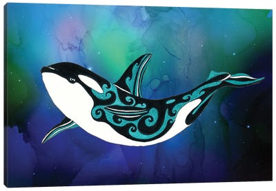 Orca Tribal Teal Blue Nebula Galaxy Canvas Art Print - Orca Whale Art