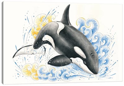 Orca Whale Blue Waves Watercolor Ink Canvas Art Print