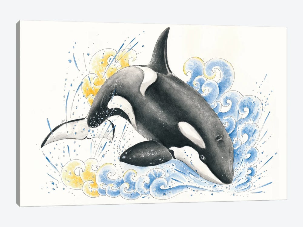Orca Whale Blue Waves Watercolor Ink by Seven Sirens Studios 1-piece Canvas Art Print