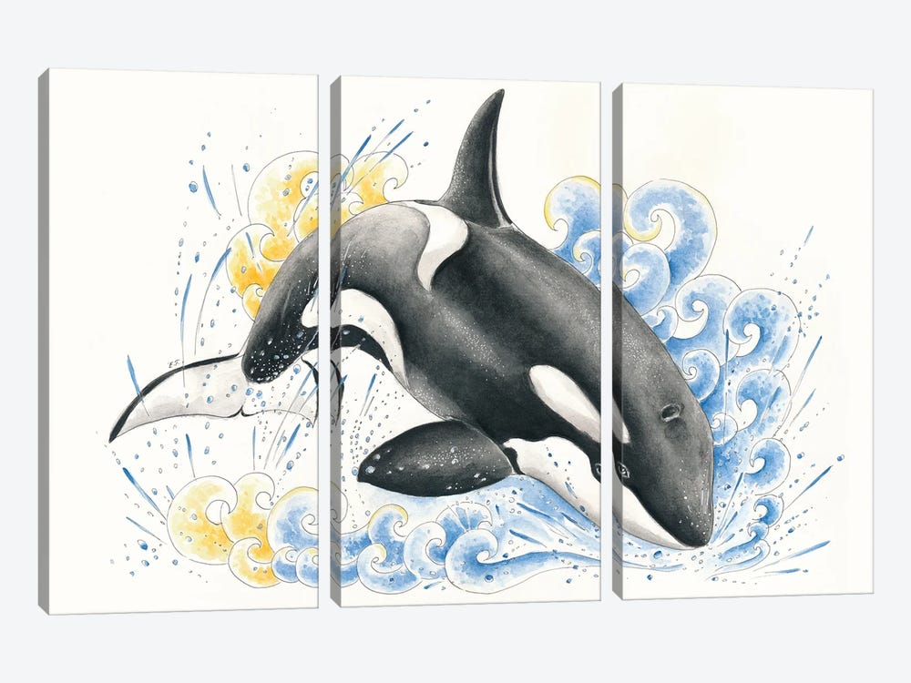 Orca Whale Blue Waves Watercolor Ink by Seven Sirens Studios 3-piece Canvas Art Print