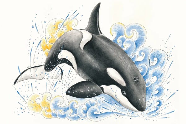 Orca Whale Blue Waves Watercolor Ink