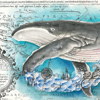 Humpback Whale And The Wave Vintage Map Watercolor by Seven Sirens Studios framed wall art