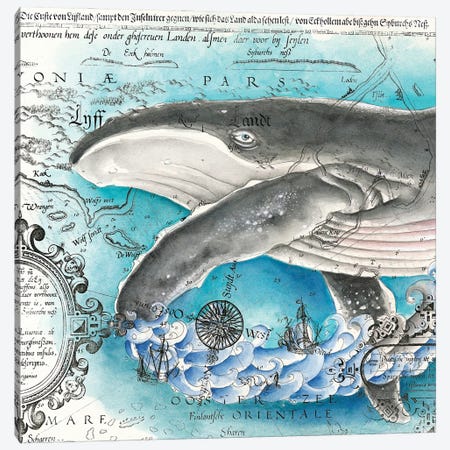 Humpback Whale And The Wave Vintage Map Watercolor Canvas Print #SSI156} by Seven Sirens Studios Canvas Print