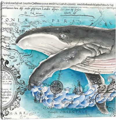 Humpback Whale And The Wave Vintage Map Watercolor Canvas Art Print - Nautical Maps