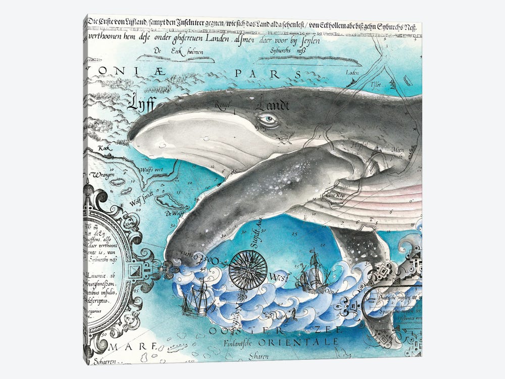 Humpback Whale And The Wave Vintage Map Watercolor by Seven Sirens Studios 1-piece Canvas Wall Art