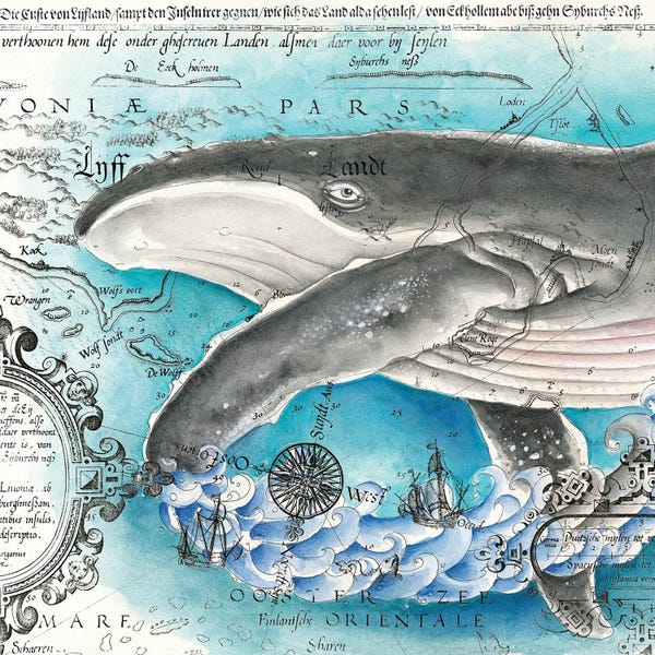 Seven Sirens Studios: Humpback Whale And The Wave Vintage Map Watercolor by Seven Sirens Studios