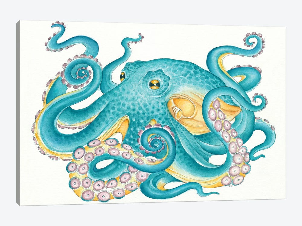 Octopus Tentacles Kraken Watercolor Yellow Teal by Seven Sirens Studios 1-piece Canvas Art Print
