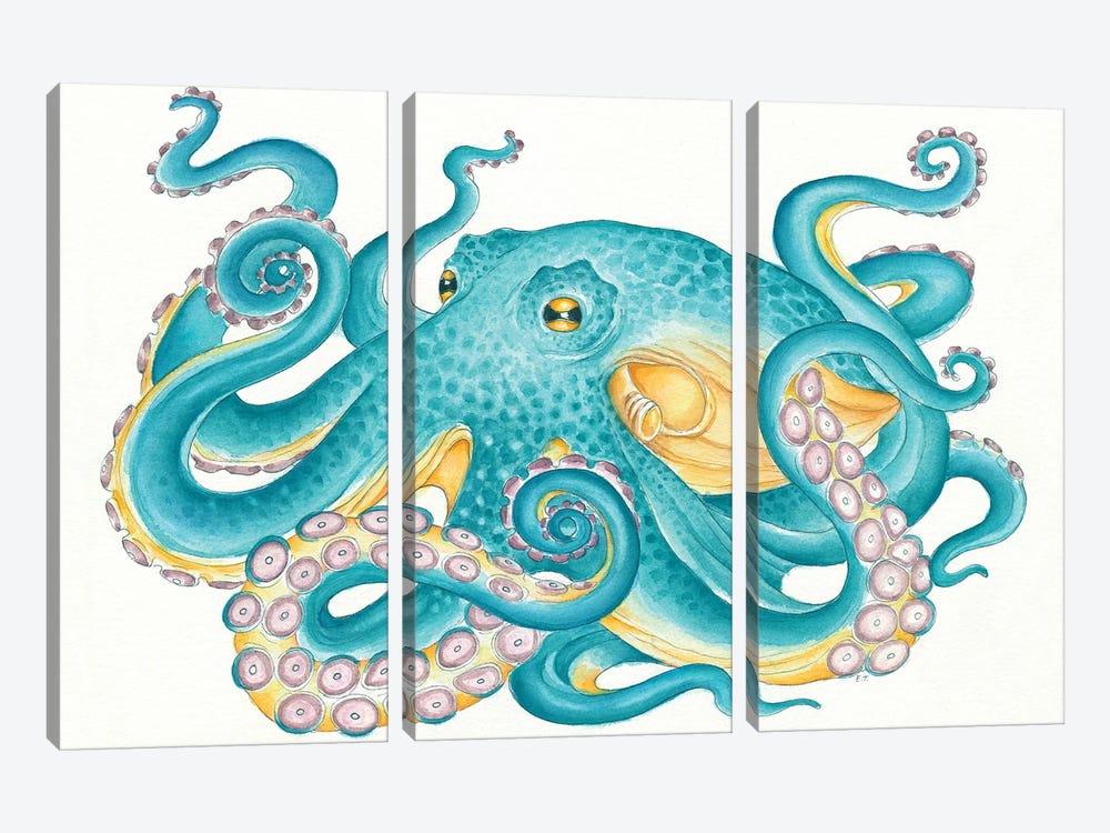 Octopus Tentacles Kraken Watercolor Yellow Teal by Seven Sirens Studios 3-piece Canvas Print