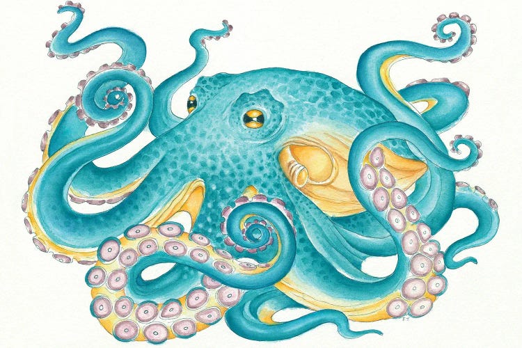 Octopus Tentacles Kraken Watercolor Yellow Teal