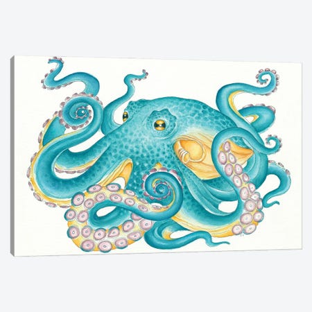 Octopus Tentacles Kraken Watercolor Yellow Teal Canvas Print #SSI157} by Seven Sirens Studios Canvas Print