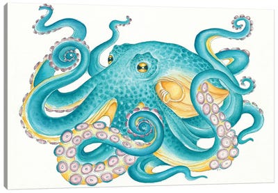 Octopus Tentacles Kraken Watercolor Yellow Teal Canvas Art Print - Kids Nautical & Ocean Life Art