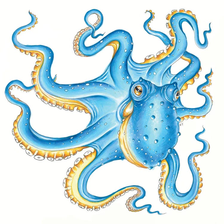 Blue Yellow Octopus Tentacles Dance Ink