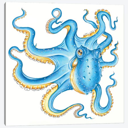 Blue Yellow Octopus Tentacles Dance Ink Canvas Print #SSI158} by Seven Sirens Studios Canvas Artwork