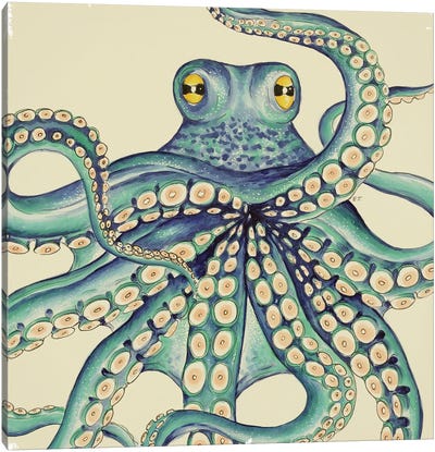 Octopus Kraken Green Beige Ink Canvas Art Print - Octopus Art